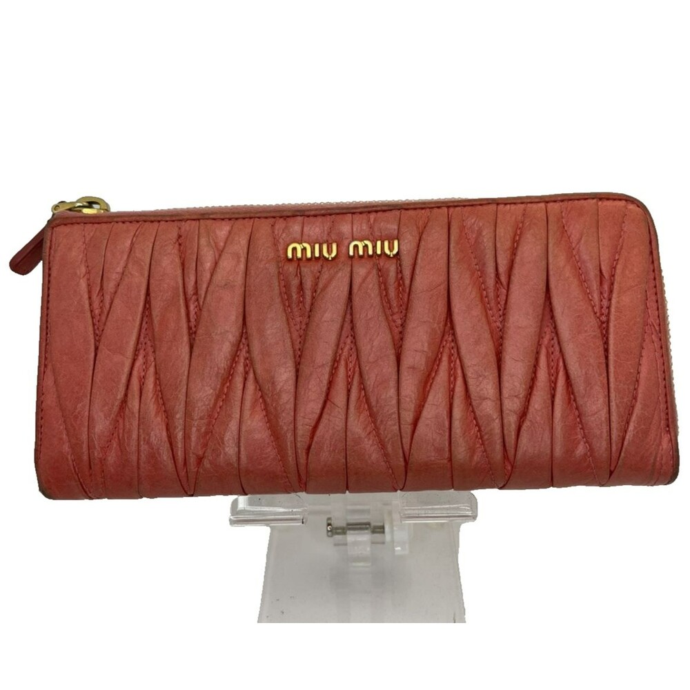 Authentic MIU MIU Logo Gather Leather Zip Around Long Wallet Pink/111